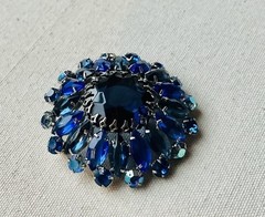 Vintage Blue Crystal Cluster Silver Tone Round Dome AB 2.25” Mid Century Brooch