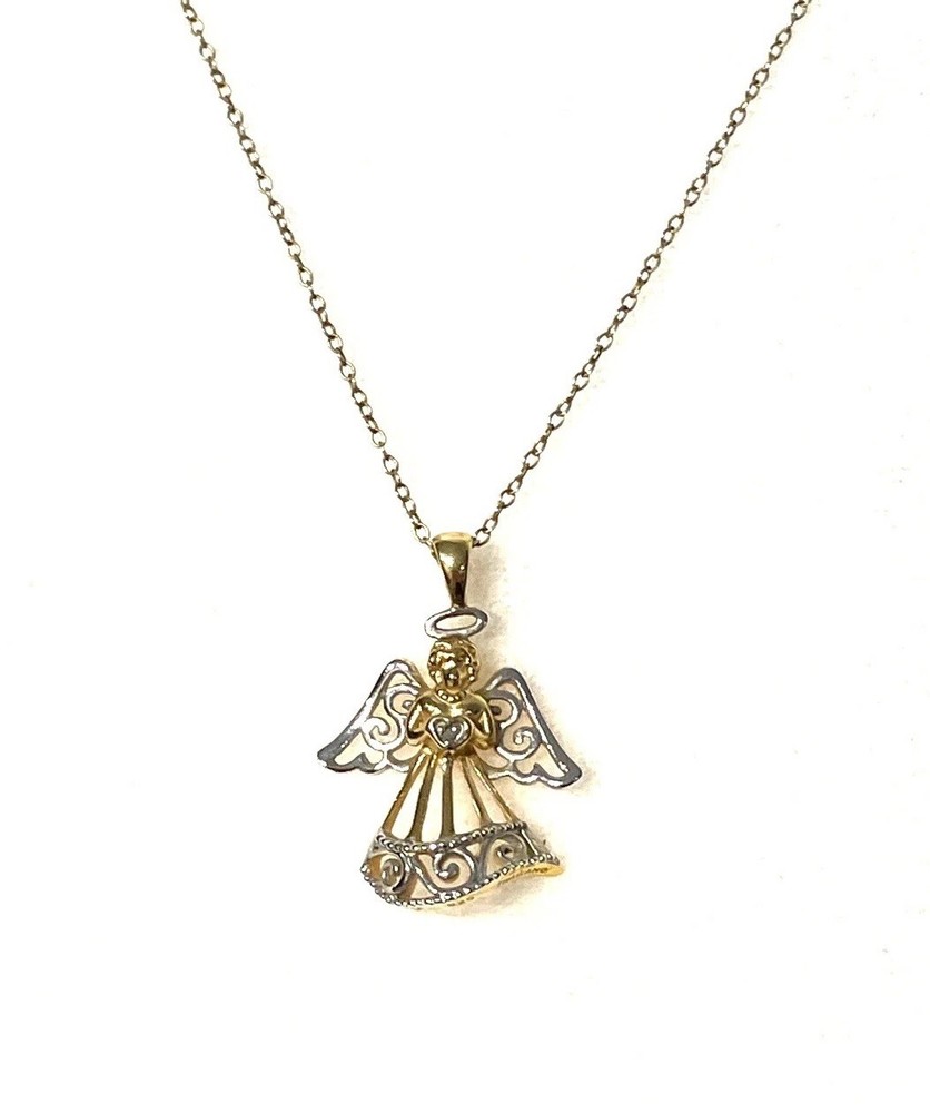 JCM Silver 925 Gold Two Tone Open Work Filigree Angel Pendant Necklace Vintage