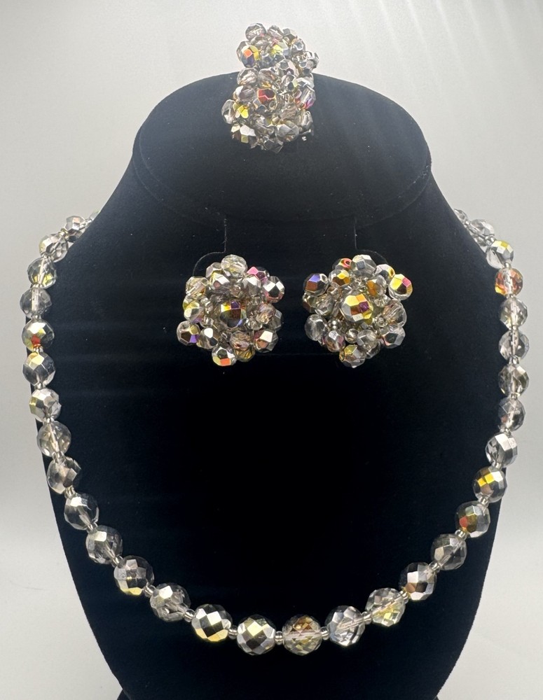VTG AB Crystal Beaded Necklace with Clip on and Pierced Earrings Set