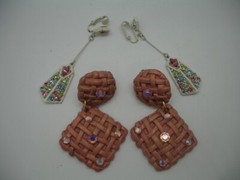 vtg. JEFF LIEB clip on dangle jeweled weave pattern earring set pink multicolor