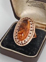 Vintage 1990-s 14 Ct Rolled Gold Amber Ring Size UK P 1/2 US 7 3/4 Hallmarked