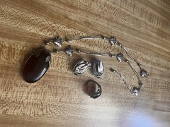 Silver Tone Red Oval Glass Stone Necklace Ring Earrings Jewelry Set for Women
