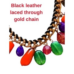 Vintage Glass Beaded Necklace Multicolor Gold Cuban Adjustable Chain 583-0233