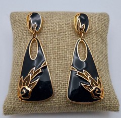 Vintage EDGAR BEREBI Signed Black Enamel Dangle Drop Pierced Post Earrings E50
