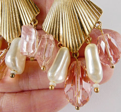 Lovely Chandelier Drop Earrings Pink Glass Crystal & Faux Pearls Gold Tone Post