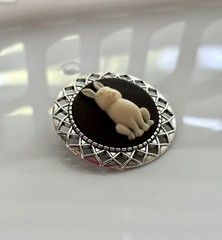 Bunny Rabbit Cameo Brooch Pin, Silver Vintage Style Pin, Cream/Dark Brown