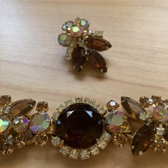 Vintage D&E Juliana Book Brown AB Headlight Rhinestone Bracelet Clip Earring Set