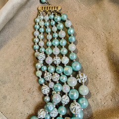 Vintage Japan 6 Strand Aqua Seafoam Glass & Acrylic Bead Necklace Statement Bib
