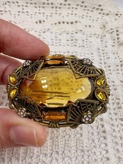 Vintage Turn Of Century Czech Topaz Rhinestone Enamel Brass Filigree Brooch