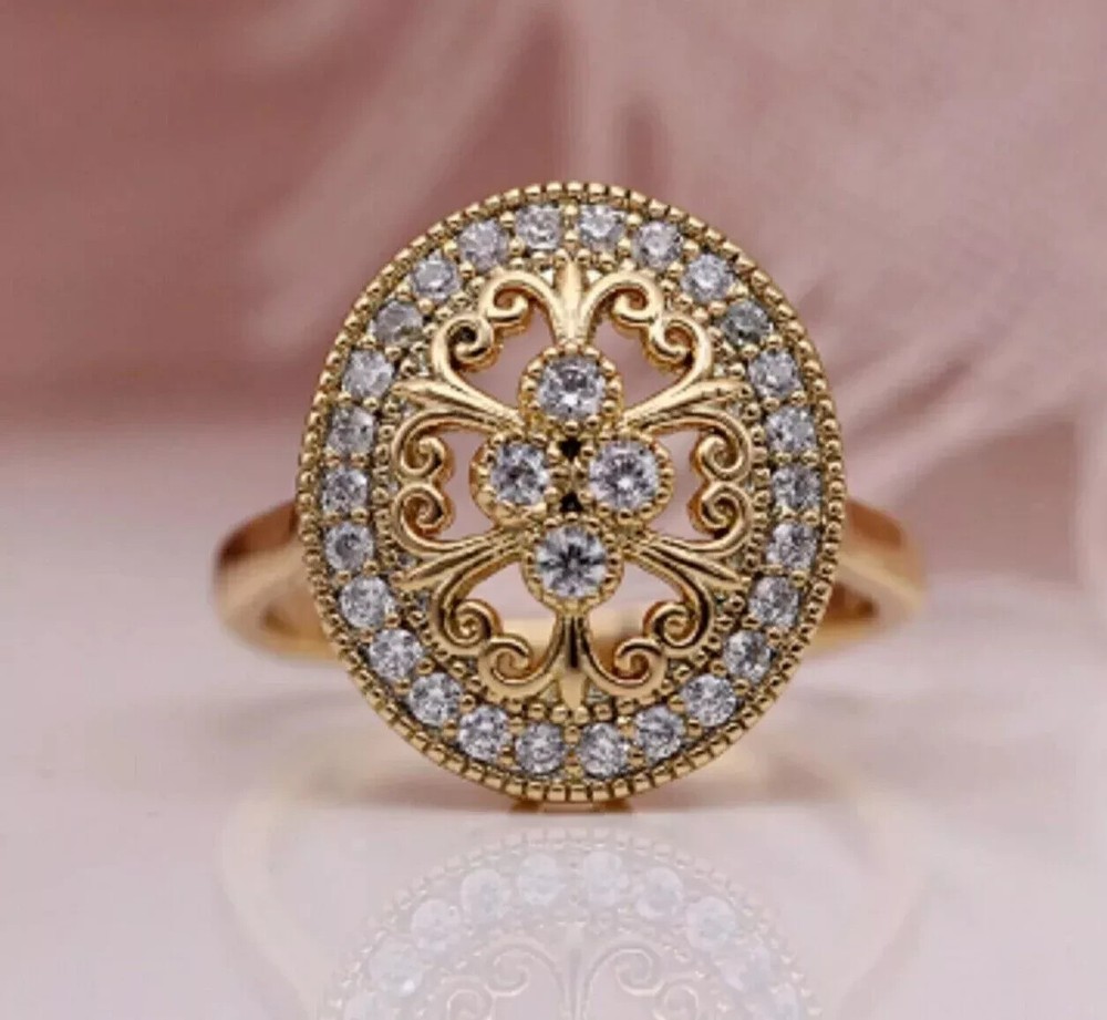 Antique Art Deco Style Round Lab Created Diamond bridal 14k Yellow Gold FN Ring