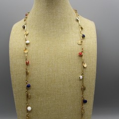 Vintage Open Bezel Necklace Faux Coin Station Gold Tone Red White Blue Rope 46″