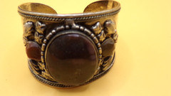 Vintage Silver & Stone Cuff Bracelet Brown Stones Nice Detail Women Southwestern