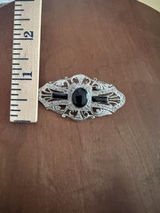 Victorian Reproduction Silver Tone Brooch w/ Black Enamel Accents