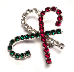 Vintage Holiday White, Red & Green Rhinestone Christmas Candy Canes Pin / Brooch