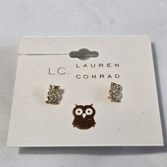 LC Lauren Conrad Owl Stud Earrings Gold Tone White Rhinestone Nickel Free