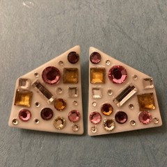 Vintage 80’s B. Schiffer 1984 White With Multicolor Rhinestones Clip Earrings