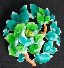 Vintage Silver Cloisonne Rose Brooch Green Blue Enamel Floral Pin