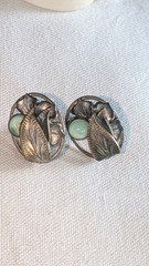 Vintage Czech Art Nouveau Ornate Green Stone Fine Details Screwback Earrings