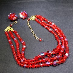 Vintage Czech Red Glass AB 3 Strand Necklace Earrings Set 1950s