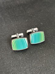 MINT Surface Natural Green Striped Agate Vintage Silver tone Cufflinks