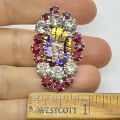 Vtg Juliana D&E Book Piece Cat Eye Glass Cabochon Earrings Red Clear Silver Clip