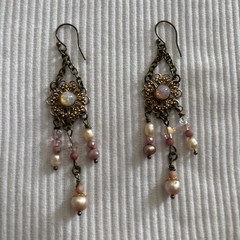 Vintage Boho Earrings Brass-Tone w/Opal-Glass on Alloy Filigree, Pearl+ danglers