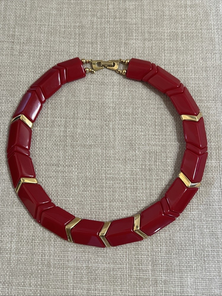 Vintage Red Acrylic Lucite Plastic Choker Collar Red Chevron Gold Necklace Fold