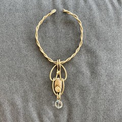 Vtg Jeff Lieb Wearable Art Choker Necklace Gold Tone Natural Stone W Crystals