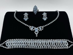 Vtg-BLUE RHINESTONE-Necklace-Choker-Ring-Bracelet-Clip-on Earrings SET