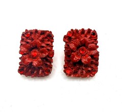 Vintage Jeff Lieb red wicker wood rhinestone flower rectangle clip on earrings
