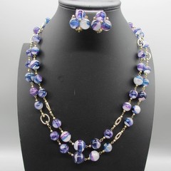 Vintage Hong Kong Necklace Earrings Set Beaded Blue Purple Clip Ons 23 Inch