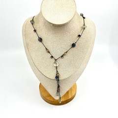 Vintage Y2K Gunmetal Blue Beaded Y-Necklace Tassel Drop Boho Aesthetic Classic