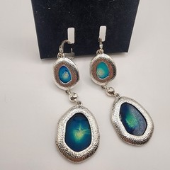 Vintage Silver Tone With Gems Women’s Earrings Geode Slices Stones Dangle Blue!