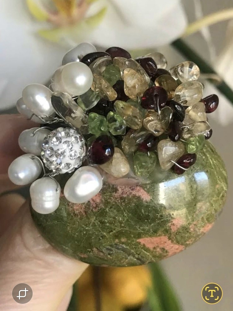 Vintage Brooch Jasper Genuine Pearls Cluster Olivine Stones Pin Pendant