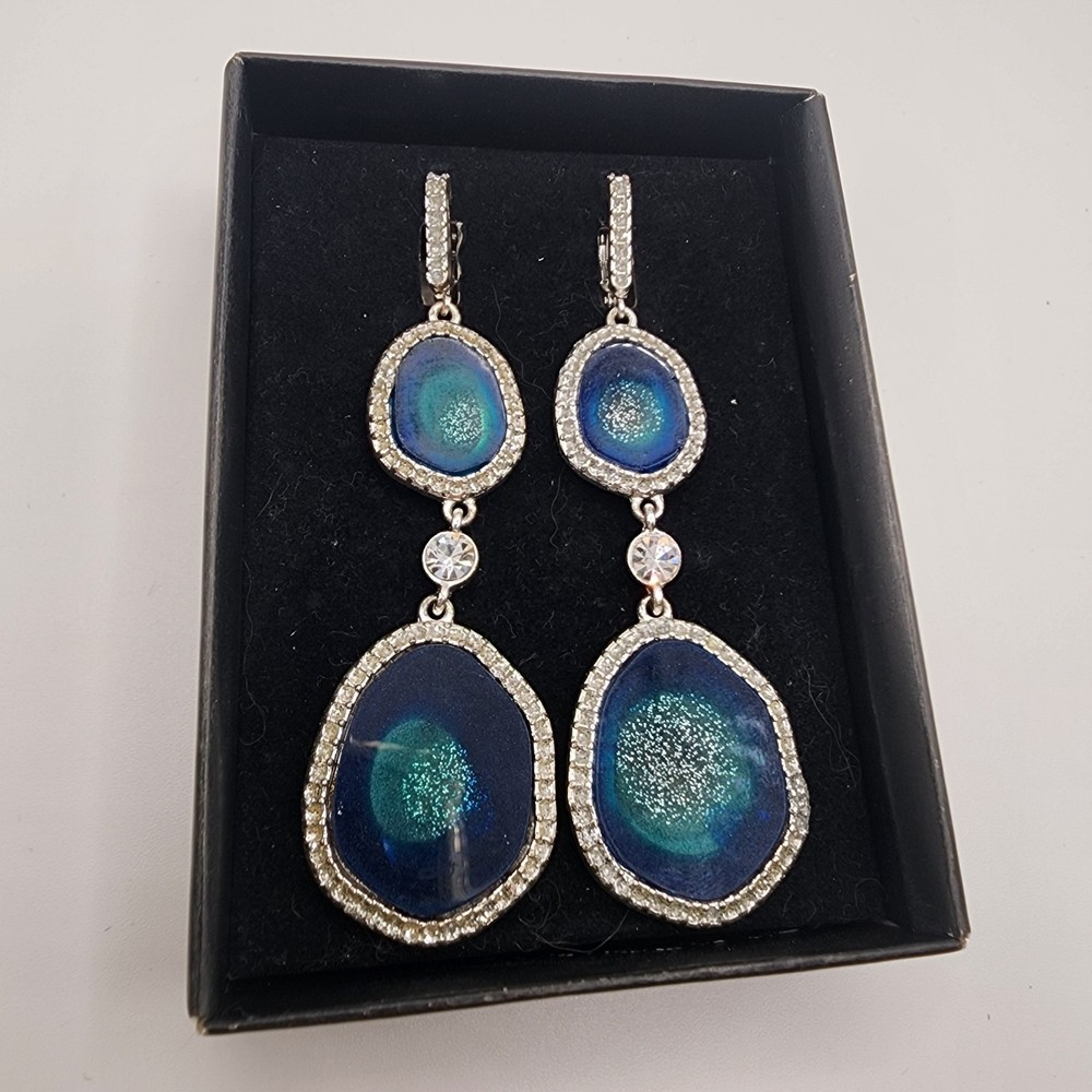 Vintage Silver Tone With Gems Women’s Earrings Geode Slices Stones Dangle Blue!