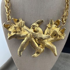 Vintage Kenneth Lane Statement Necklace Gold Tone Purple Lily Flower KJL 16”