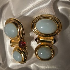 Vintage Elizabeth Taylor Avon Faux Jade & Ruby Clip Earrings MISSING ONE CLIP