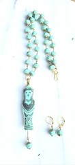 VINTAGE EGYPTIAN MUMMY SARCOPHAGUS PENDANT URANIUM GLASS BEAD NECKLACE SET OOAK