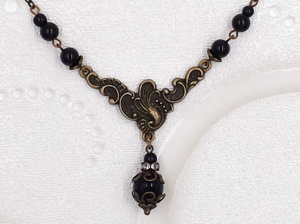 Art Nouveau Necklace Black Bead Rhinestone Antiqued Bronze Victorian Jewelry
