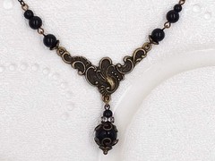 Art Nouveau Necklace Black Bead Rhinestone Antiqued Bronze Victorian Jewelry
