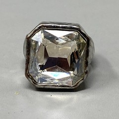 Large Rhinestone Ring Clear Glass Silver Tone Band Bezel Set Wide Band Sz 7.75