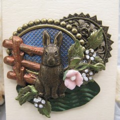 Montage Designs Vtg 1990s Brooch Bunny Rabbit Country Flower Mixed Media Collage