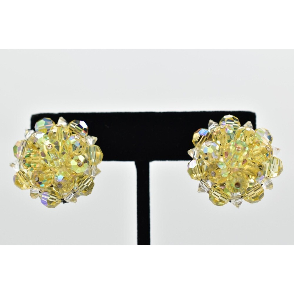 Laguna Vintage Clip On Crystal Earrings Yellow AB Cluster Signed Glam 1950s A24