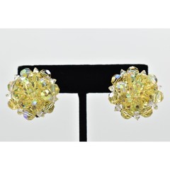 Laguna Vintage Clip On Crystal Earrings Yellow AB Cluster Signed Glam 1950s A24