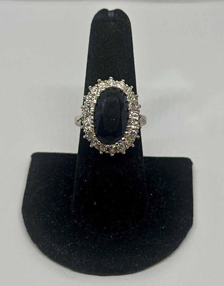 Rose Gold Dark Blue Oval Faceted Stone & Rhinestone Halo Ring Size 7