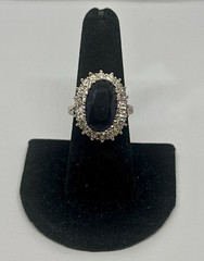 Rose Gold Dark Blue Oval Faceted Stone & Rhinestone Halo Ring Size 7