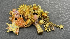 Kirks Folly Gold Tone Angel Cherub Sun Mushroom AB Rhinestone Enamel Brooch Pin