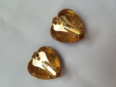 Vintage Black Enamel Heart Clip On Earrings with Pave Crystals Center Goldtone