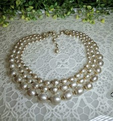 Early Signed Miriam Haskell 3 Strand Silver Niki Baroque Pearl Necklace