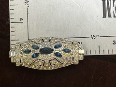 Art Deco Blue Uranium Glow Clear Paste Brooch w/ Baguette & Pavé Rhinestones 2”